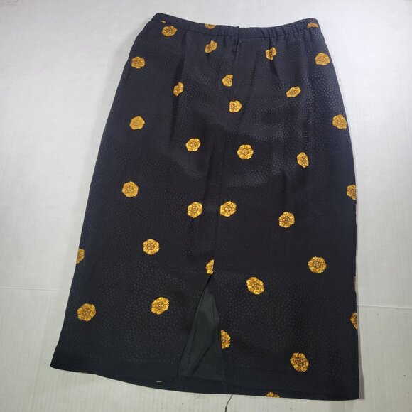 Black Silk Yellow Floral Pattern 100% Silk Shell Mid-Calf Pencil Skirt Size 4 - Picture 5 of 5